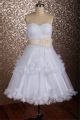 A Line Sweetheart Short White Tulle Flower Wedding Dress With Bow Sash