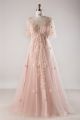 A Line Tulle Sleeve Blush Pink Lace Flower Bohemian Plus Size Wedding Dress