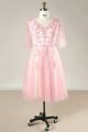 A Line V Neck Corset Back Short Pink Tulle Lace Plus Size Prom Dress With Sleeves