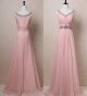 A Line V Neck Long Blush Pink Chiffon Beaded Evening Prom Dress