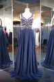 A Line V Neck Low Back Long Navy Blue Chiffon Beaded Prom Dress