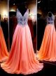 A Line V Neck See Through Tulle Long Coral Chiffon Beaded Prom Dress