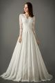A Line V Neck Sheer Back Long Sleeve Taffeta Lace Wedding Dress