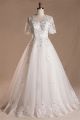 A Line V Neck Short Sleeve Tulle Lace Beaded Wedding Dress