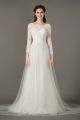 Adorable A Line Scalloped Neckline 3 4 Sleeve Lace Tulle Wedding Dress