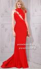 Asymmetrical High Neck Collar Red Satin Lace Evening Prom Dress
