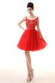 Ball Bateau Neckline Open Back Short Red Tulle Lace Prom Dress With Sash