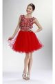 Ball Cap Sleeve Open Back Short Red Tulle Lace Beaded Prom Dress