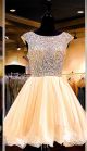 Ball Gown Bateau Neckline Short Gold Tulle Beaded Prom Dress