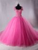 Ball Gown Cap Sleeve Hot Pink Tulle Beaded Puffy Prom Dress Detachable Bow