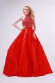 Ball Gown Halter Open Back Red Satin Beaded Prom Dress
