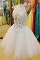 Ball Gown High Neck Open Back Short White Tulle Lace Beaded Tutu Prom Dress