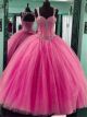 Ball Gown Hot Pink Tulle Beaded Puffy Prom Dress With Straps