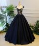 Ball Gown Illusion Neckline Navy Satin Tulle Lace Prom Dress