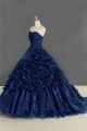 Ball Gown Navy Blue Organza Draped Quinceanera Prom Dress With Flowers