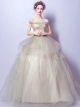 Ball Gown Off The Shoulder Light Tan Tulle Ruffle Prom Wedding Dress Corset Back