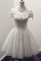 Ball Gown Off The Shoulder Short White Tulle Lace Prom Dress With Bow
