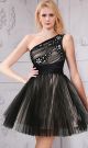 Ball Gown One Shoulder Short Mini Black Tulle Beaded Cocktail Prom Dress
