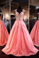 Ball Gown Queen Anne Neckline Open Back Coral Satin Beaded Prom Dress