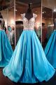 Ball Gown Queen Anne Neckline Open Back Turquoise Satin Beaded Prom Dress