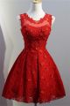 Ball Gown Round Neck Sleeveless Short Red Lace Prom Dress