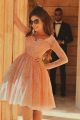 Ball Gown Scalloped Neck Short Champagne Lace Prom Dress With Long Sleeves