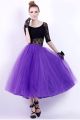 Ball Gown Scoop Neck Tea Length Black Lace Purple Tulle Prom Dress With Sleeves