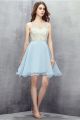 Ball Gown Scoop Open Back Short Light Blue Tulle Beaded Prom Dress