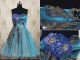 Ball Gown Strapless Short Peacock Blue Tulle Applique Party Prom Dress