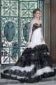 Ball Gown Sweetheart Drop Waist White Tulle Black Lace Tiered Wedding Dress