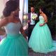Ball Gown Sweetheart Mint Green Tulle Beaded Puffy Prom Dress Corset Back