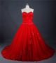 Ball Gown Sweetheart Red Tulle Lace Beaded Wedding Dress Corset Back