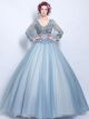 Ball Gown V Neck Sheer Sleeve Dusty Blue Tulle Flower Wedding Prom Dress
