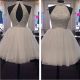 Ball Halter Keyhole Back Short White Tulle Beaded Cocktail Prom Dress