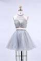 Ball Halter Two Piece Short Silver Tulle Beaded Cocktail Prom Dress