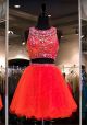 Ball Round Neck Two Piece Short Red Tulle Beaded Prom Dress