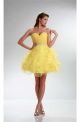 Ball Strapless Short Yellow Organza Ruffle Tiered Prom Dress With Sash