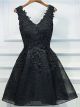 Ball V Neck Short Black Lace Beaded Party Prom Dress Lace Up Back