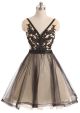 Ball V Neck Short Black Tulle Lace Prom Dress With Sash