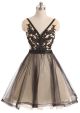 Ball V Neck Short Black Tulle Lace Prom Dress With Sash