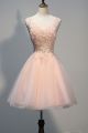 Ball V Neck Short Blush Pink Tulle Applique Beaded Prom Dress