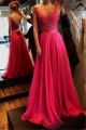 Bateau Illusion Neckline Cap Sleeve Hot Pink Chiffon Lace Prom Dress