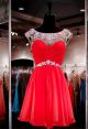 Bateau Neckline Cutout Back Short Red Chiffon Beaded Prom Dress