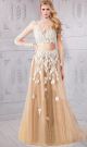 Bateau Neckline Long Sleeve Champagne Tulle Ivory Lace Two Piece Prom Dress