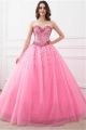 Beautiful Ball Gown Strapless Pink Tulle Beaded Prom Dress Lace Up Back