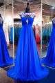 Cap Sleeve Open Back Empire Waist Long Royal Blue Chiffon Beaded Prom Dress