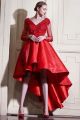 Casual V Neck Long Sleeve High Low Red Lace Satin Colored Wedding Dress