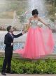 Charming A Line Sweetheart Long Pink Tulle Beaded Crystals Prom Dress
