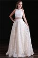 Charming Two Piece Ivory Lace Beaded Prom Dress Open Back