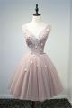 Charming V Neck Corset Back Blush Pink Tulle Beaded Petal Prom Dress